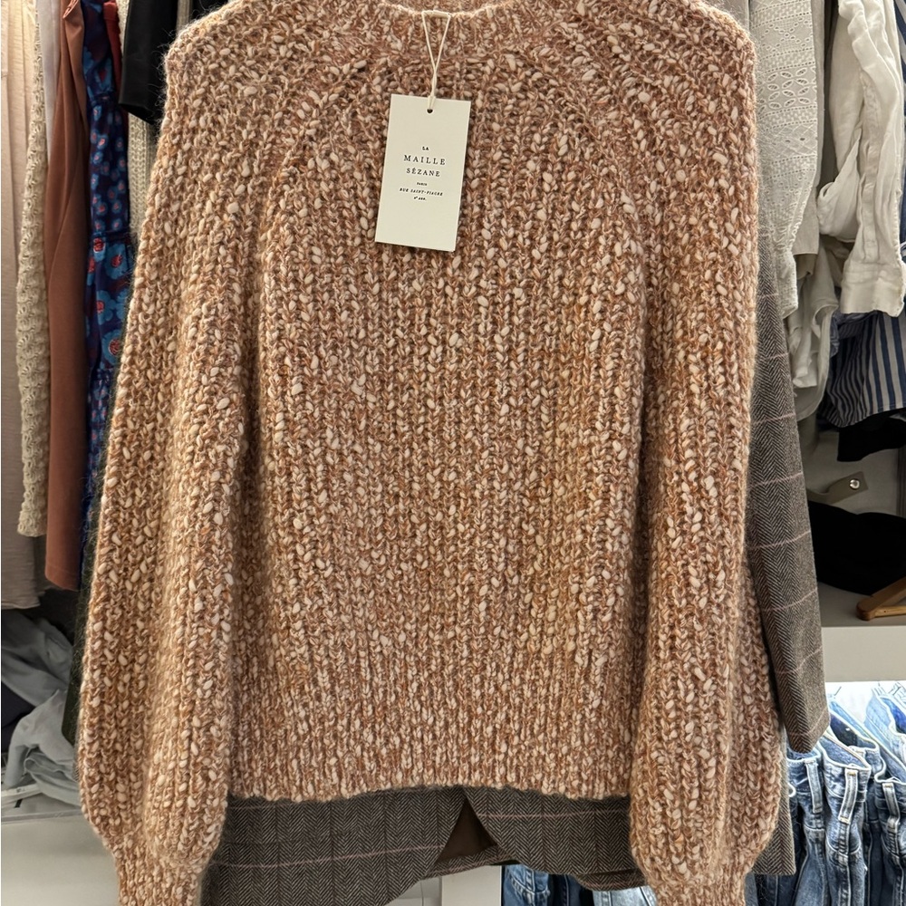 Sezane Brown Crew Neck Sweater with Textured Knit